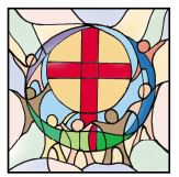 Stained glass of fellowship - the stylized figures of people of different colors encircling the cross.
