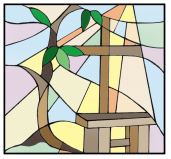 Stained glass of property represented by a depiction of our beautiful outdoor chapel.