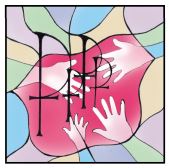 Stained glass of Evangelism represented by Christian hands reaching to others symbolizing our call to go and tell others about Jesus and his promise of everlasting life.