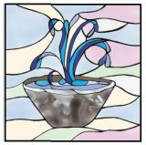 Stained glass of the fountain of water depicting the ceramic bowl used in the Sacrament of Baptism.