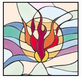 Stained Glass of worship - The enduring and constant presence of the Holy Spirit is symbolized by the dove in flaming colors.